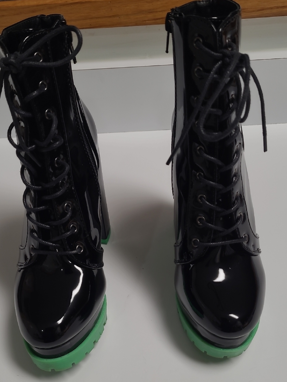 Sheln Black Patent Lace-Up Platform Ankle Boots with Green Lug Sole - Size 8